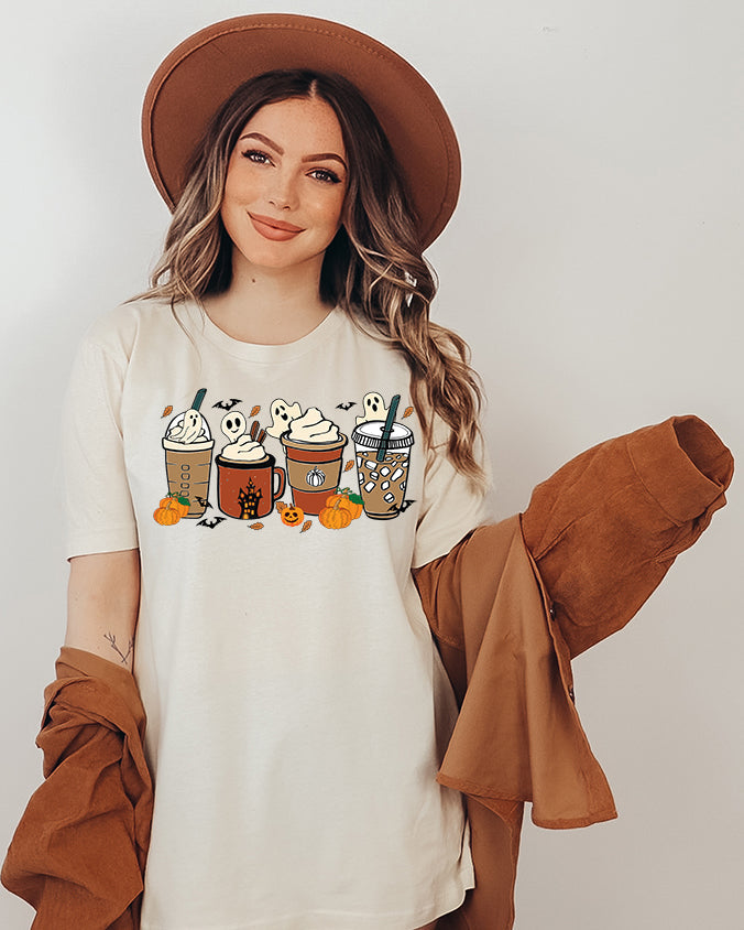 Unisex BELLA CANVA T-Shirt Cute Spooky Ghost Coffee, Halloween Pumpkin Spice Fall Drinks Latte