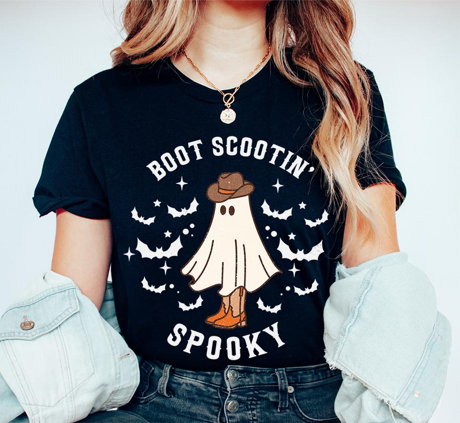 Unisex BELLA CANVA Tshirt Boot Scootin Spooky, Western Halloween Cowboy Ghost