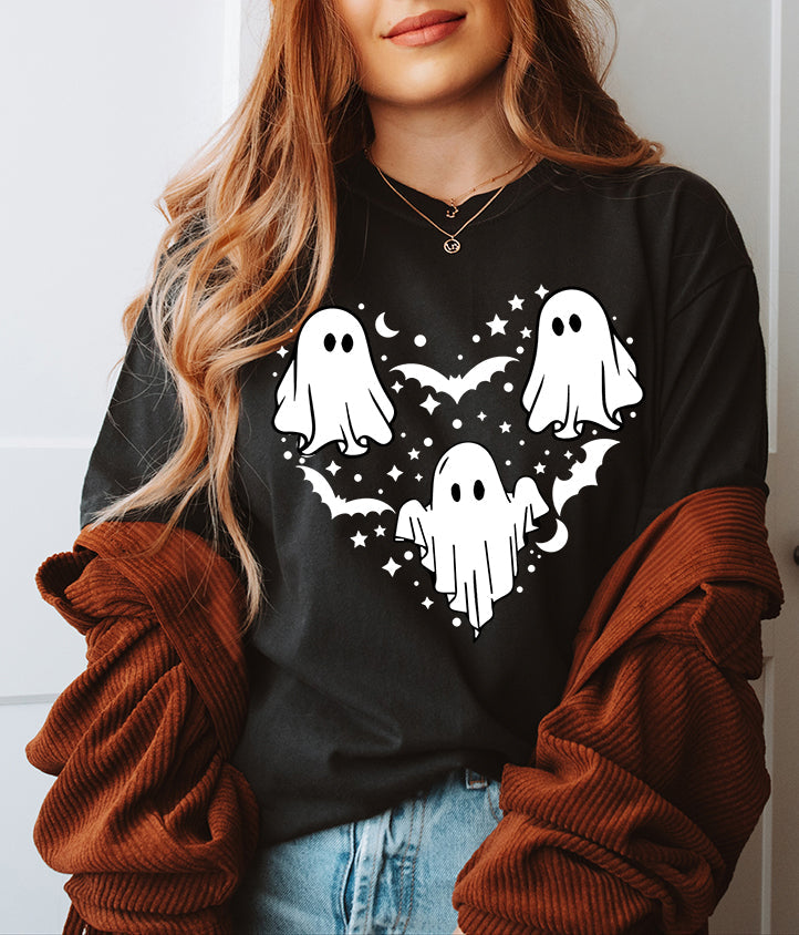 Unisex BELLA CANVA T-Shirt Halloween mystical ghost Doodle Heart Cute Spooky Ghost