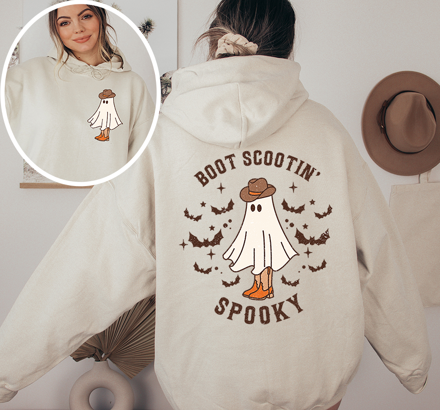 Unisex Hoodie Tshirt Boot Scootin Spooky, Western Halloween Cowboy Ghost